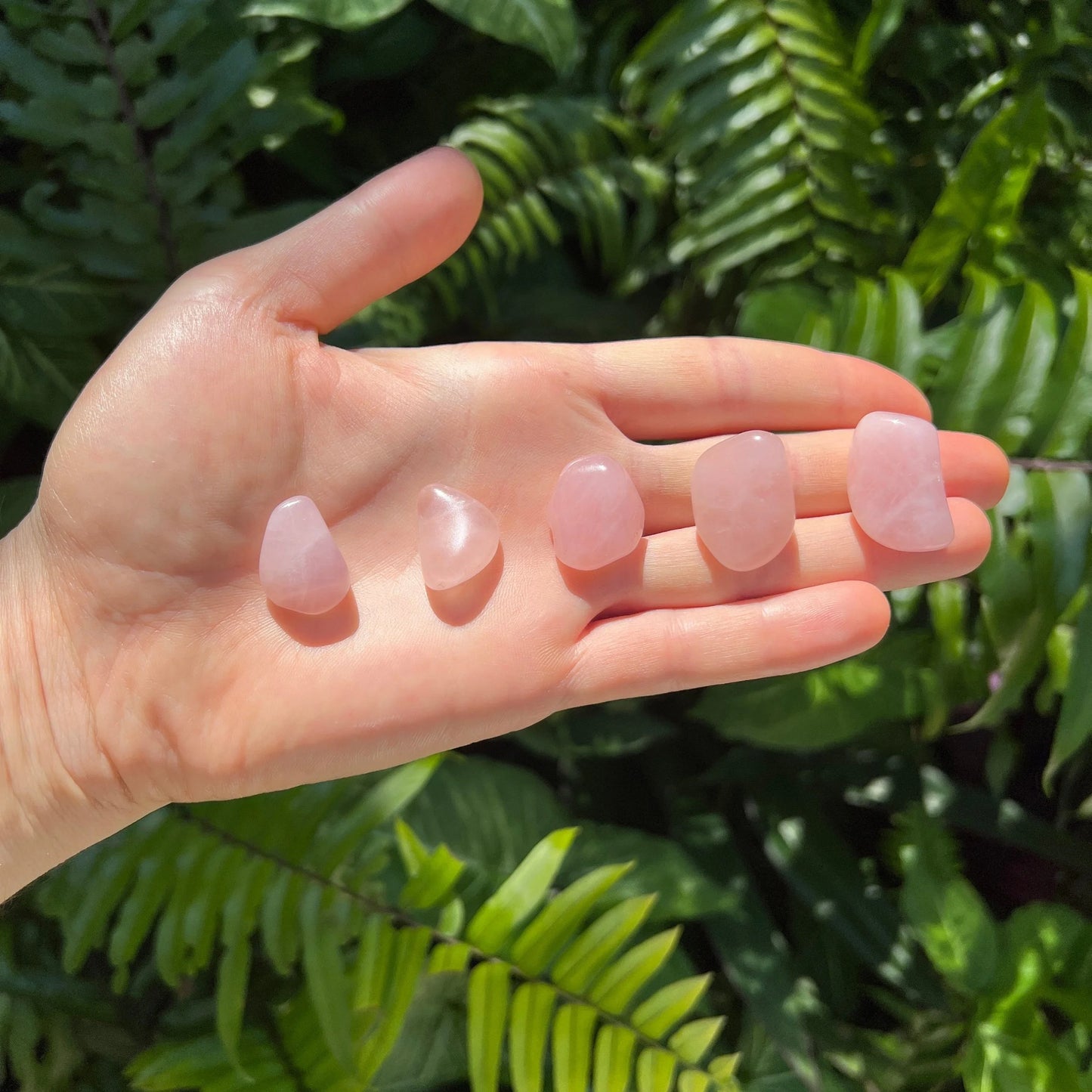 Back view of Grade AA Rose Quartz tumbled stone showing natural surface