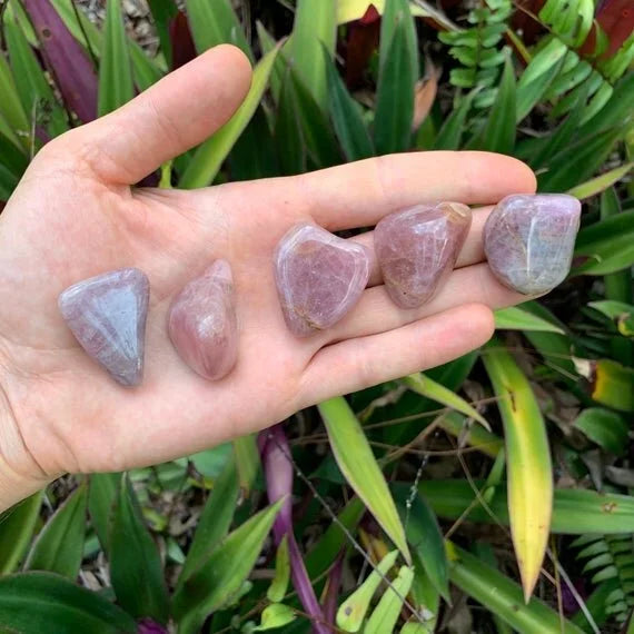 Plan view of Blue Rose Quartz tumbled stone, to support Stress Relief, showing subtle veining.