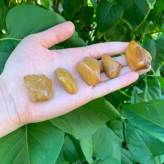 Three-quarter view of Yellow Jasper tumbled stone, from Sofia, Madagascar, captured in natural daylight.