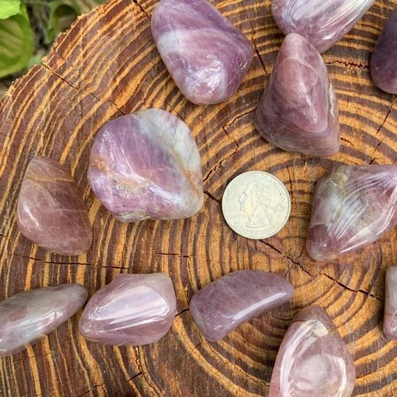 Hand-scale shot of a Blue Rose Quartz tumbled stone held against natural backdrop, sourced from Alaotra-Mangoro, Madagascar.