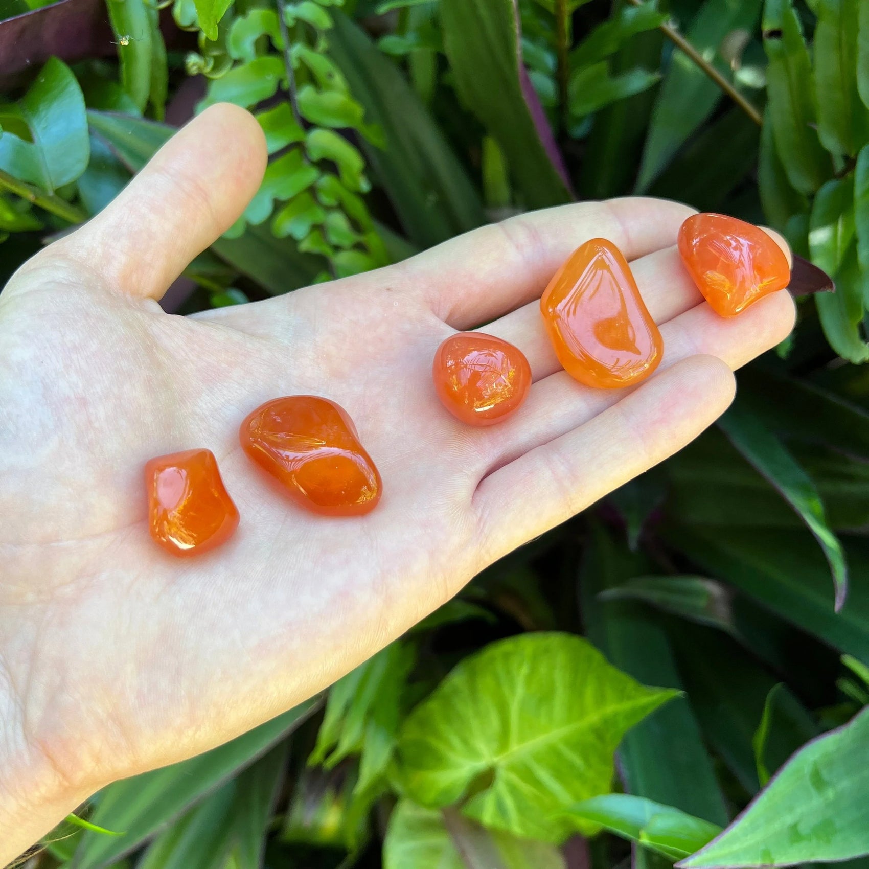 Back view of Grade AA Carnelian tumbled stone showing natural surface