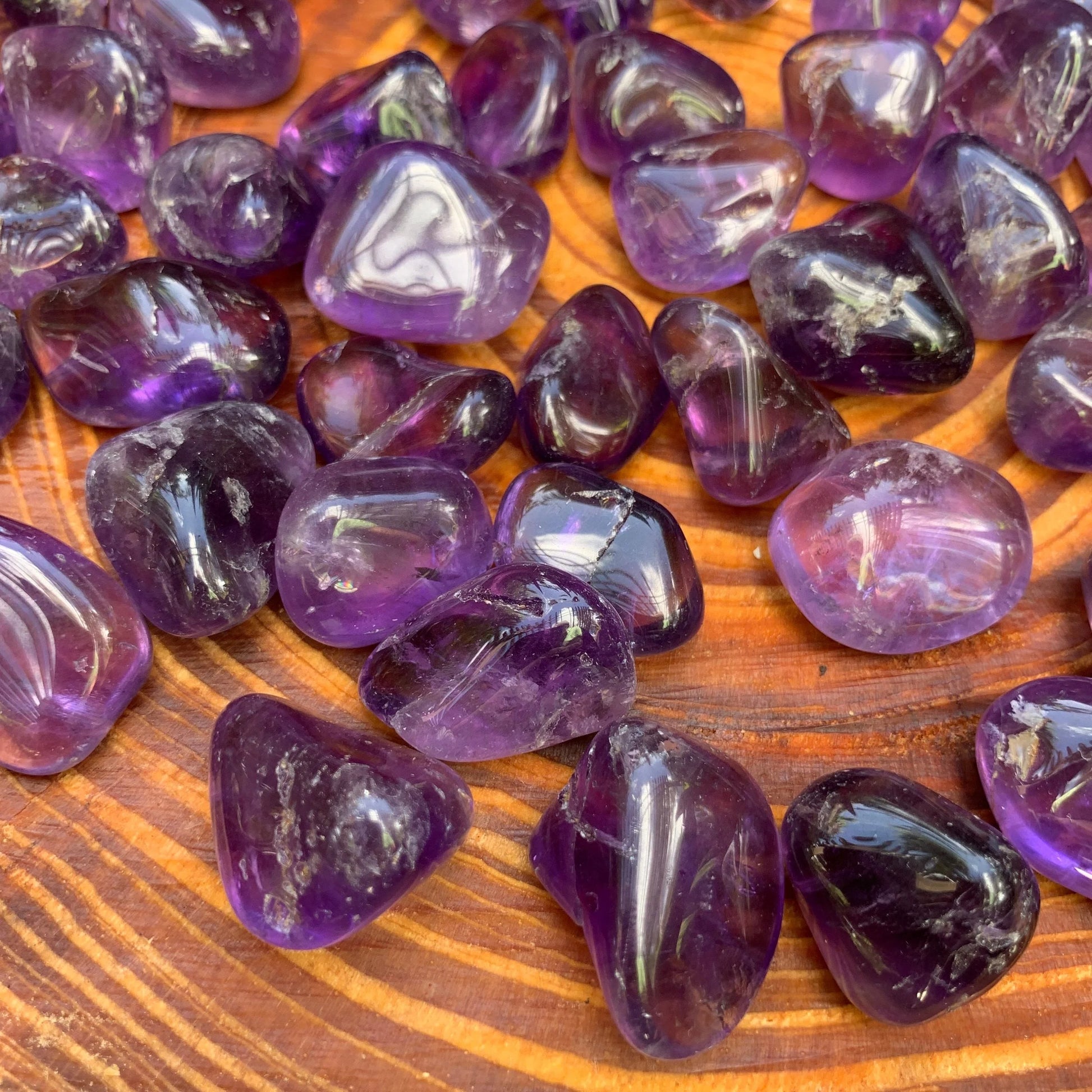 Full profile of Grade AAA Amethyst tumbled stone ready to ship from Beyond Bohemian