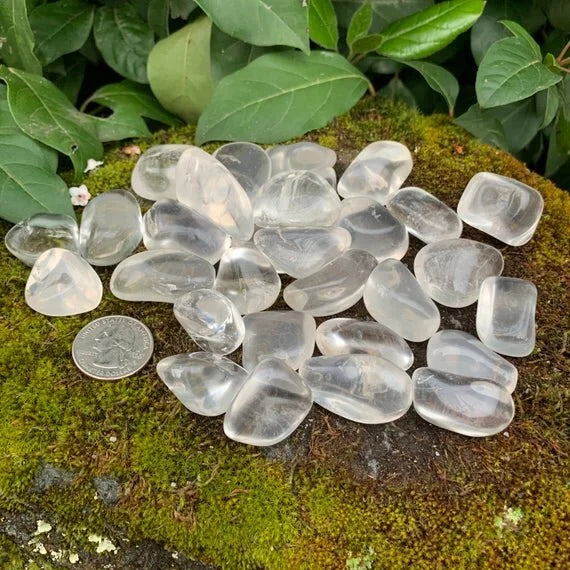 Back view of Grade AAA Clear Quartz tumbled stone showing natural surface