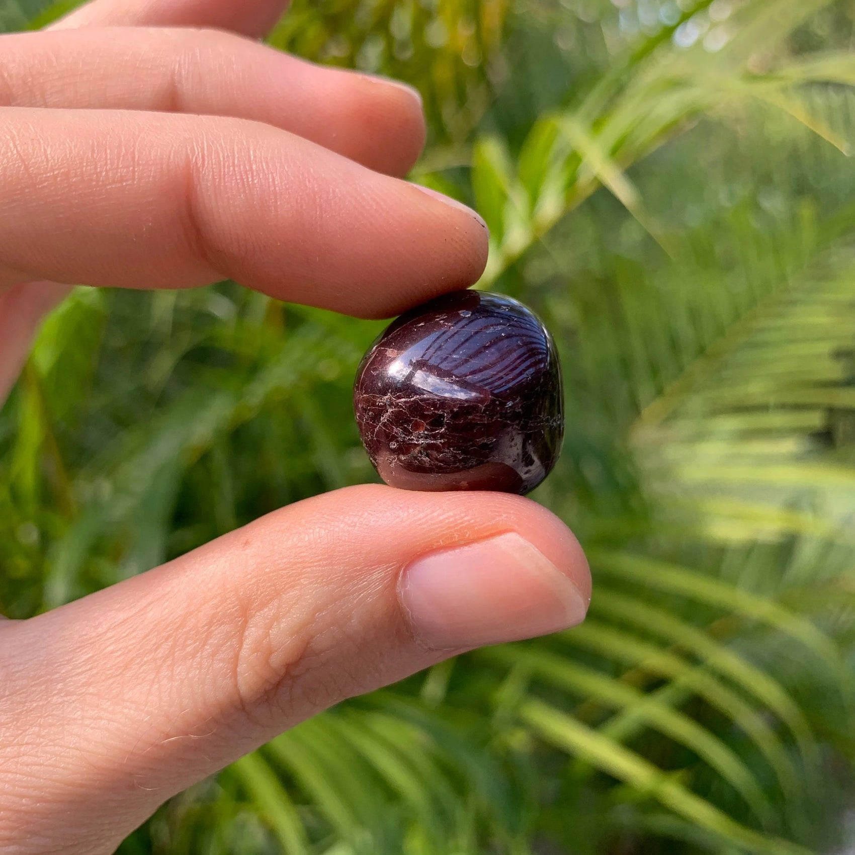 Overhead view of Grade AA Garnet tumbled stone, showing natural variation, turned to for Energy and Confidence.