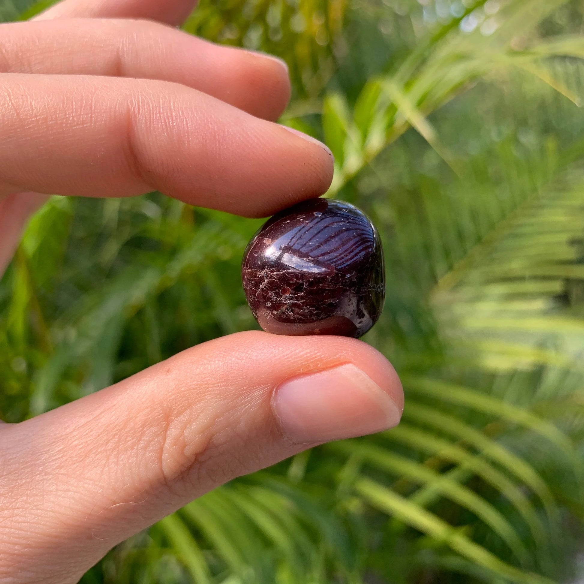 Overhead view of Grade AA Garnet tumbled stone, showing natural variation, turned to for Energy and Confidence.