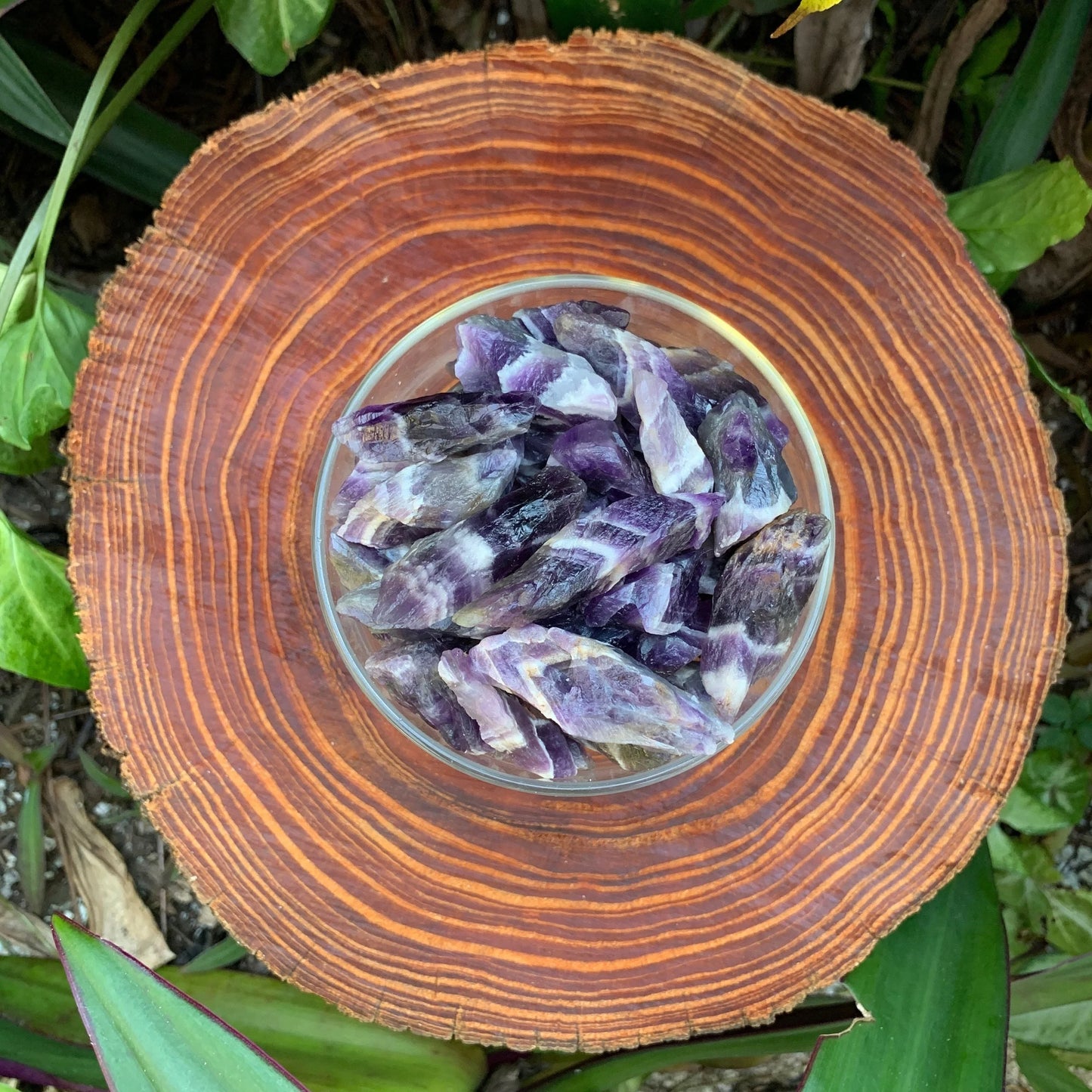 Detail shot showing purple Chevron Amethyst raw stone, showing subtle veining, hand-selected from Southern Province, Zambia.