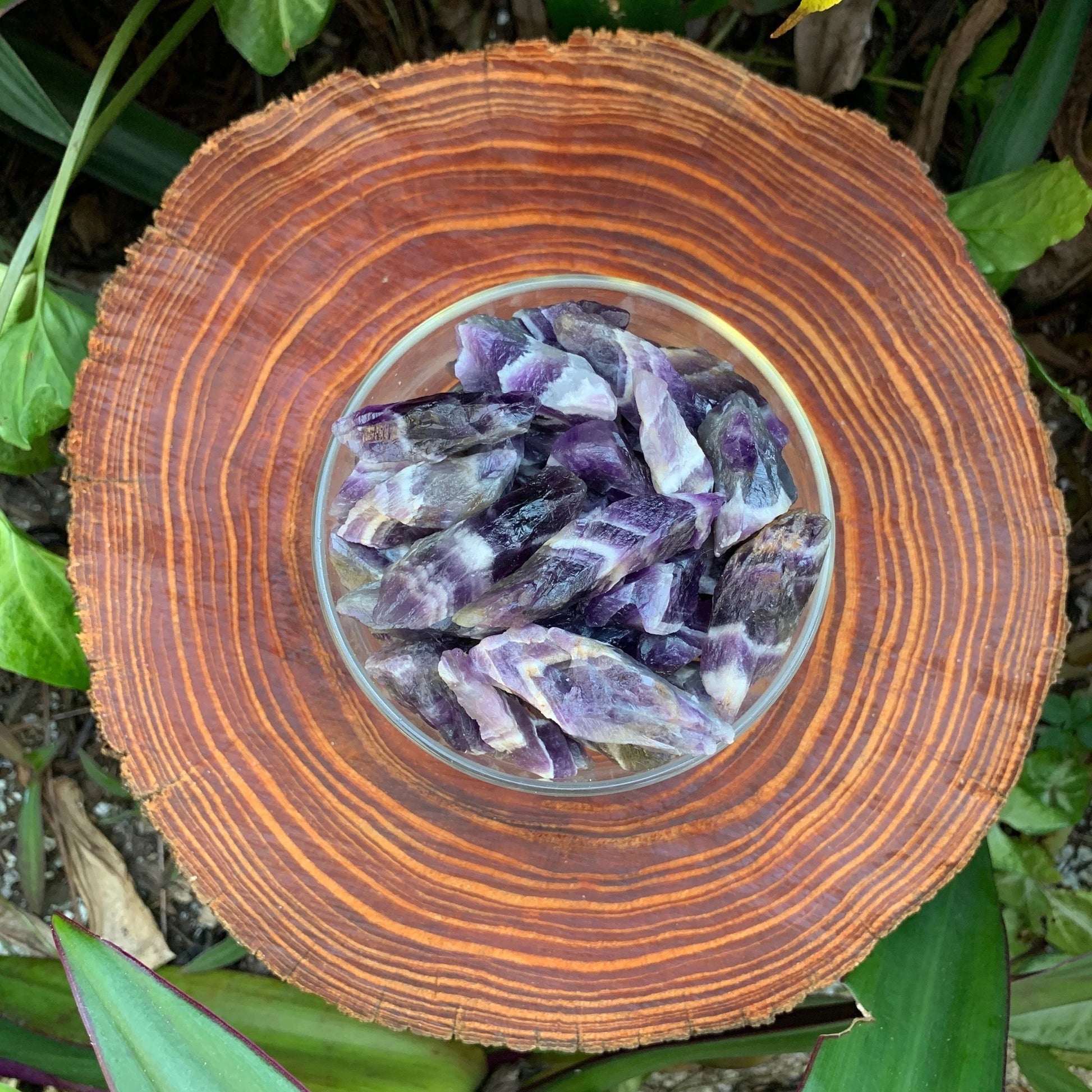 Detail shot showing purple Chevron Amethyst raw stone, showing subtle veining, hand-selected from Southern Province, Zambia.