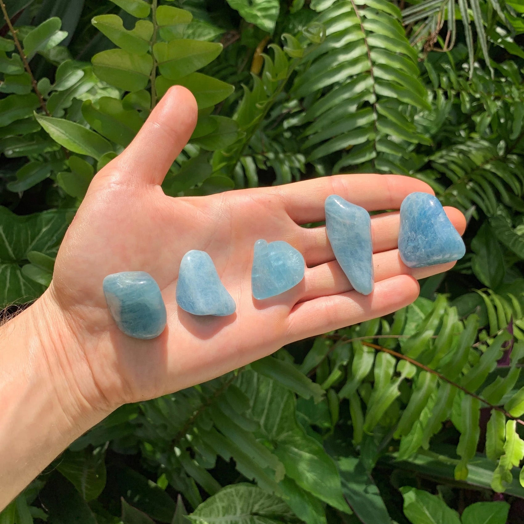 Full profile of Grade AAA Aquamarine tumbled stone ready to ship from Beyond Bohemian