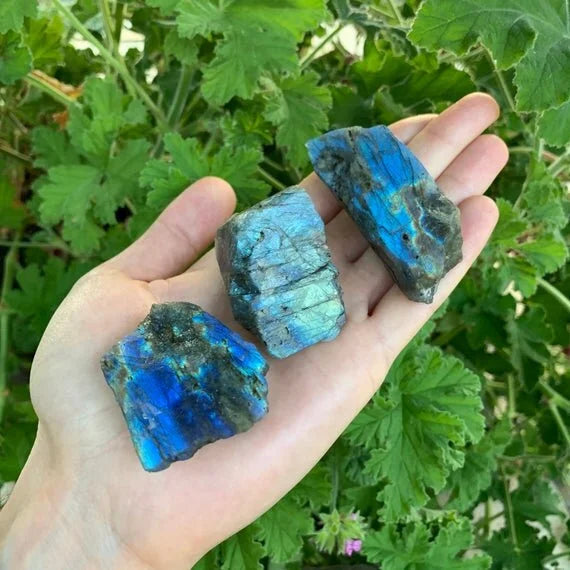 Color detail of Labradorite raw stone, often kept for Intuition and Protection, Madagascar-sourced.