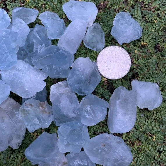 Detail shot of Grade AA Celestite raw under natural light