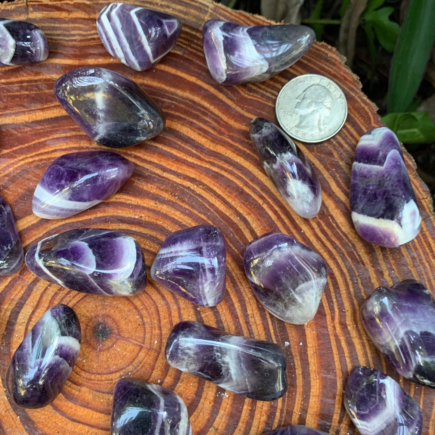 Full profile of Grade AA Chevron Amethyst tumbled stone ready to ship from Beyond Bohemian