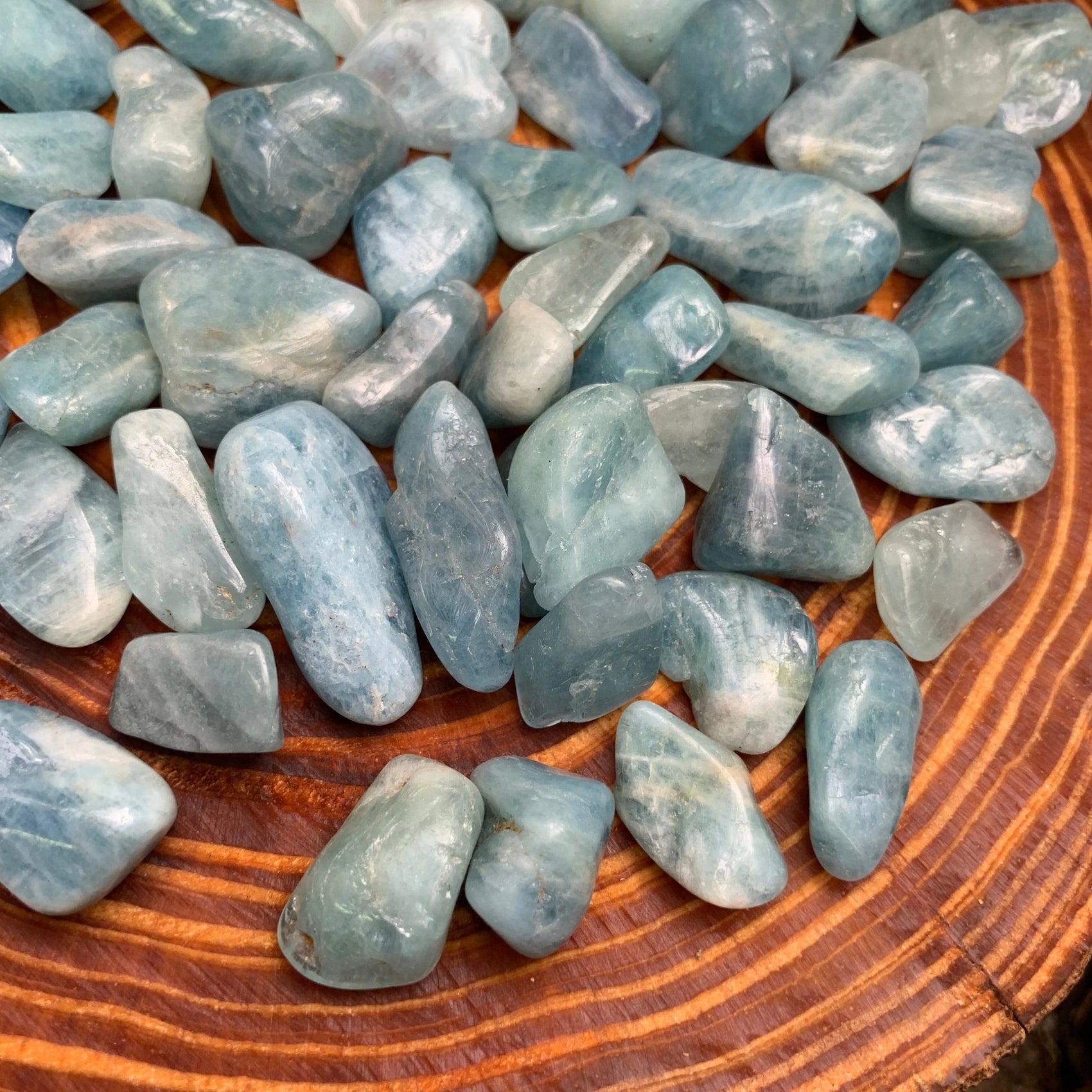 Full profile of Grade AAA Aquamarine tumbled stone ready to ship from Beyond Bohemian