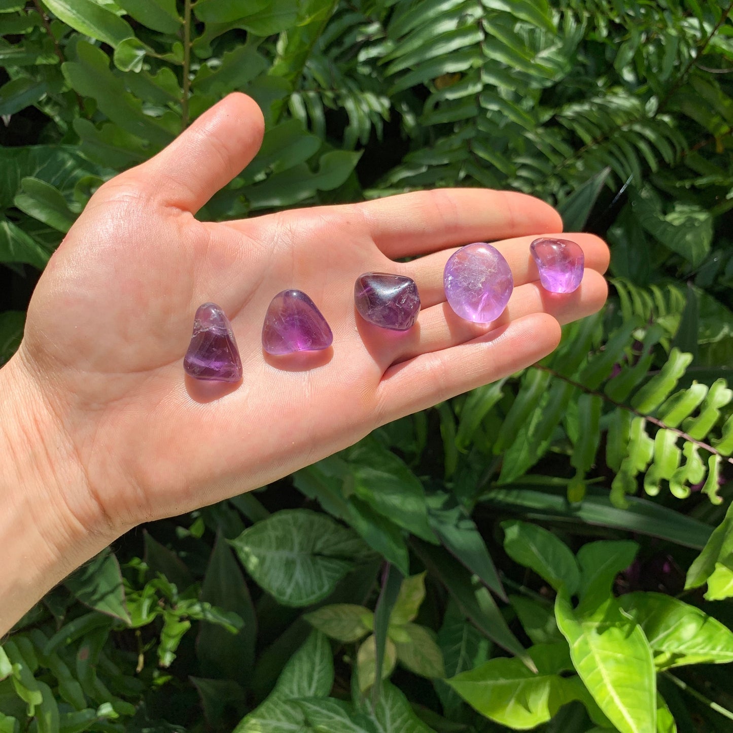 Full profile of Grade AAA Amethyst tumbled stone ready to ship from Beyond Bohemian