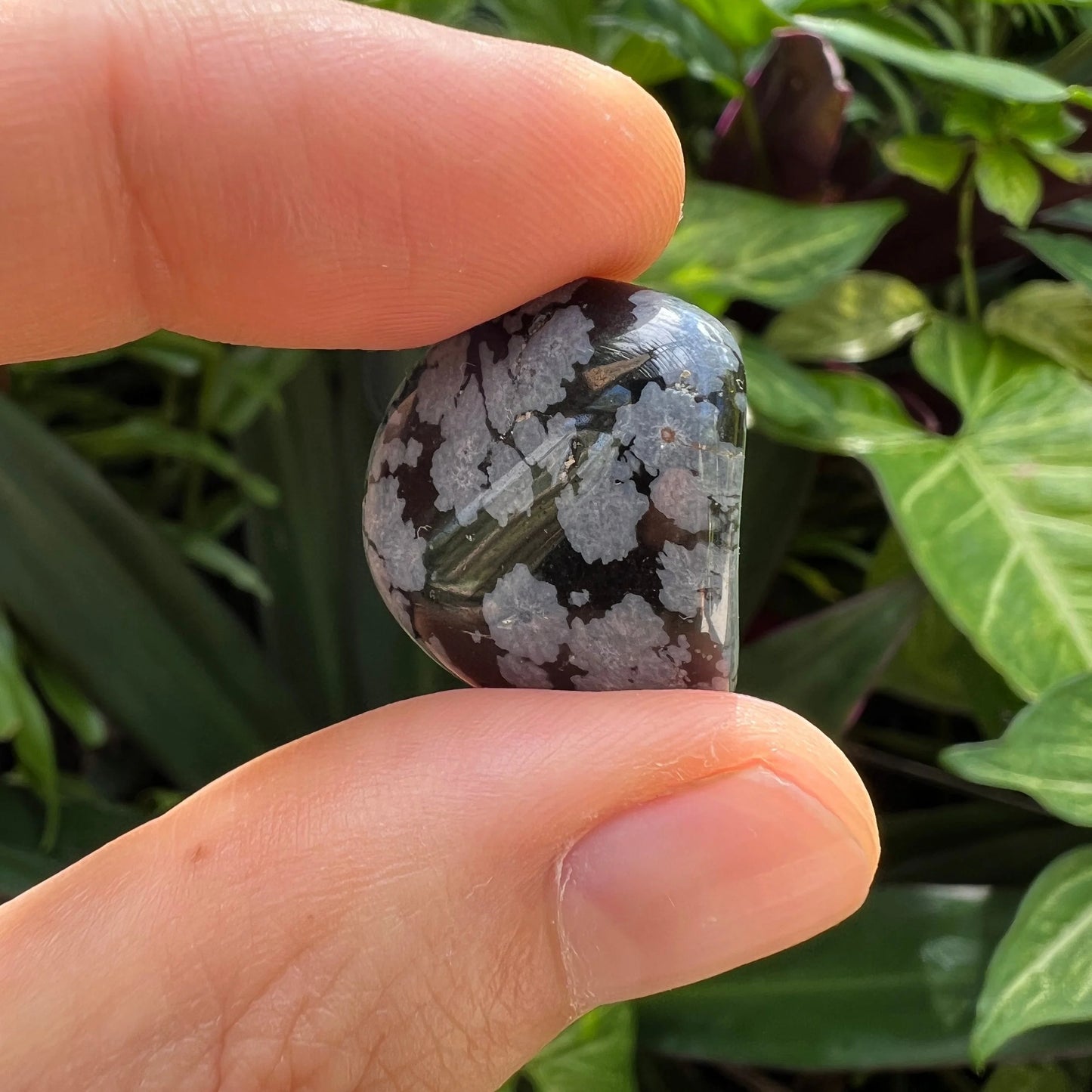 Underside detail of Grade AA Snowflake Obsidian tumbled stone, showing natural texture, from Utah, United States.
