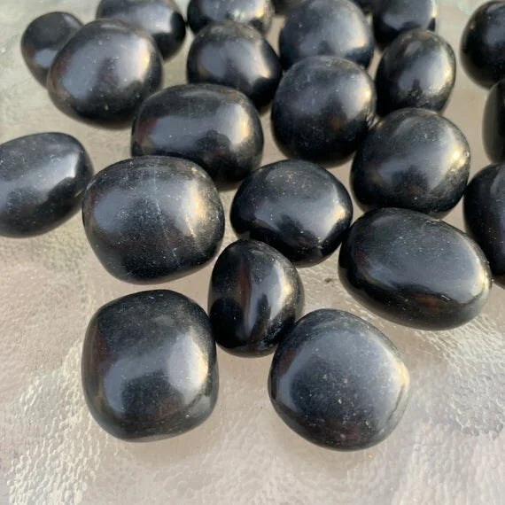 Full profile of Grade AA Black Onyx tumbled stone ready to ship from Beyond Bohemian