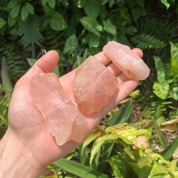 Top-side view of pink Rose Quartz raw stone, hand-selected from South Dakota, United States, showing raw matrix.