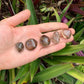 Open-palm view of Smoky Quartz tumbled stone, from Minas Gerais, Brazil, with depth visible across the surface.