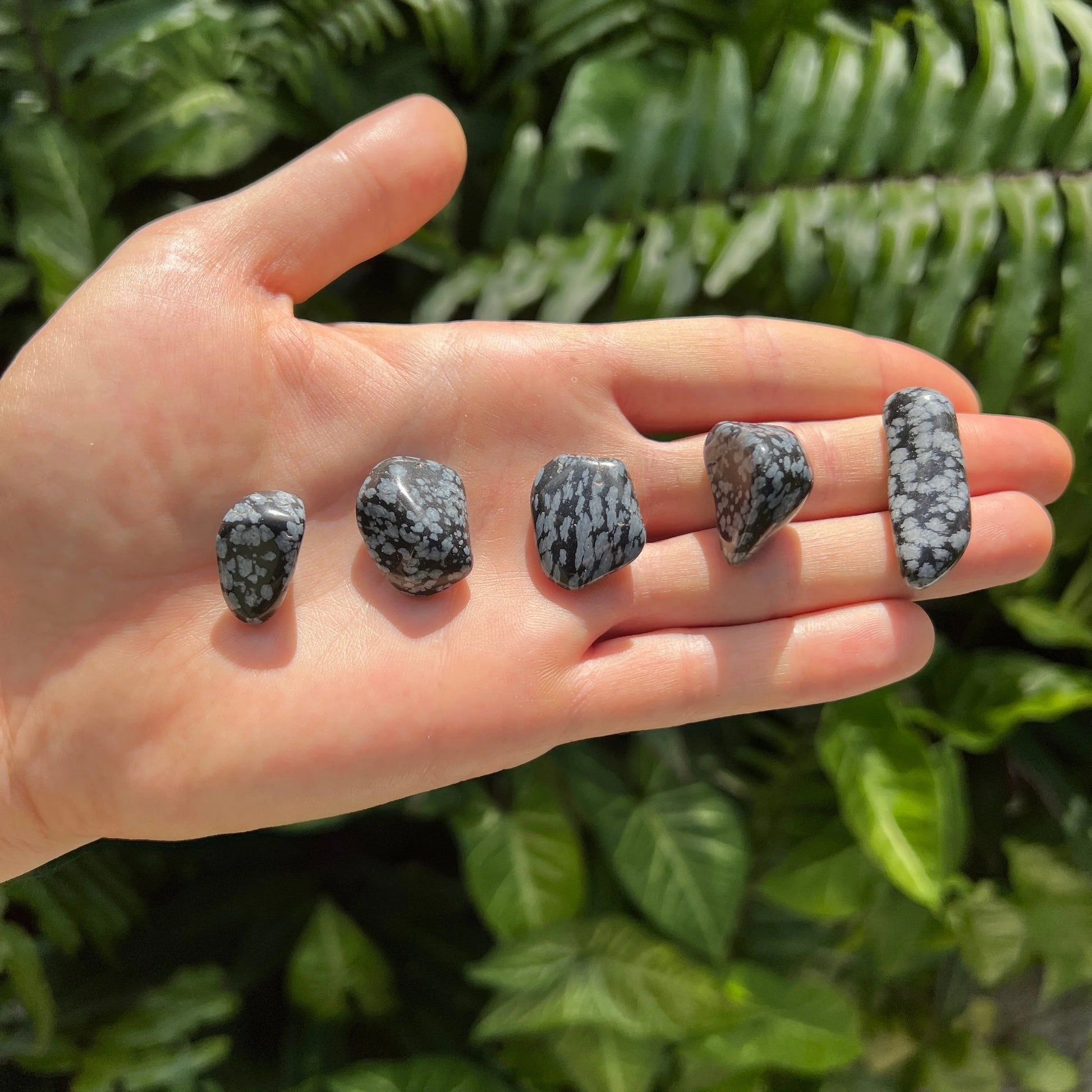 Back view of Grade AA Snowflake Obsidian tumbled stone showing natural surface