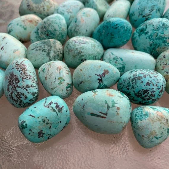 Full profile of Grade A Chrysocolla tumbled stone ready to ship from Beyond Bohemian