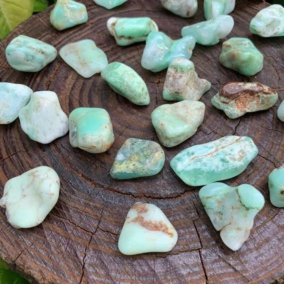 Edge-on view of Grade A Chrysoprase tumbled stone, associated with Love, showing natural inclusions.