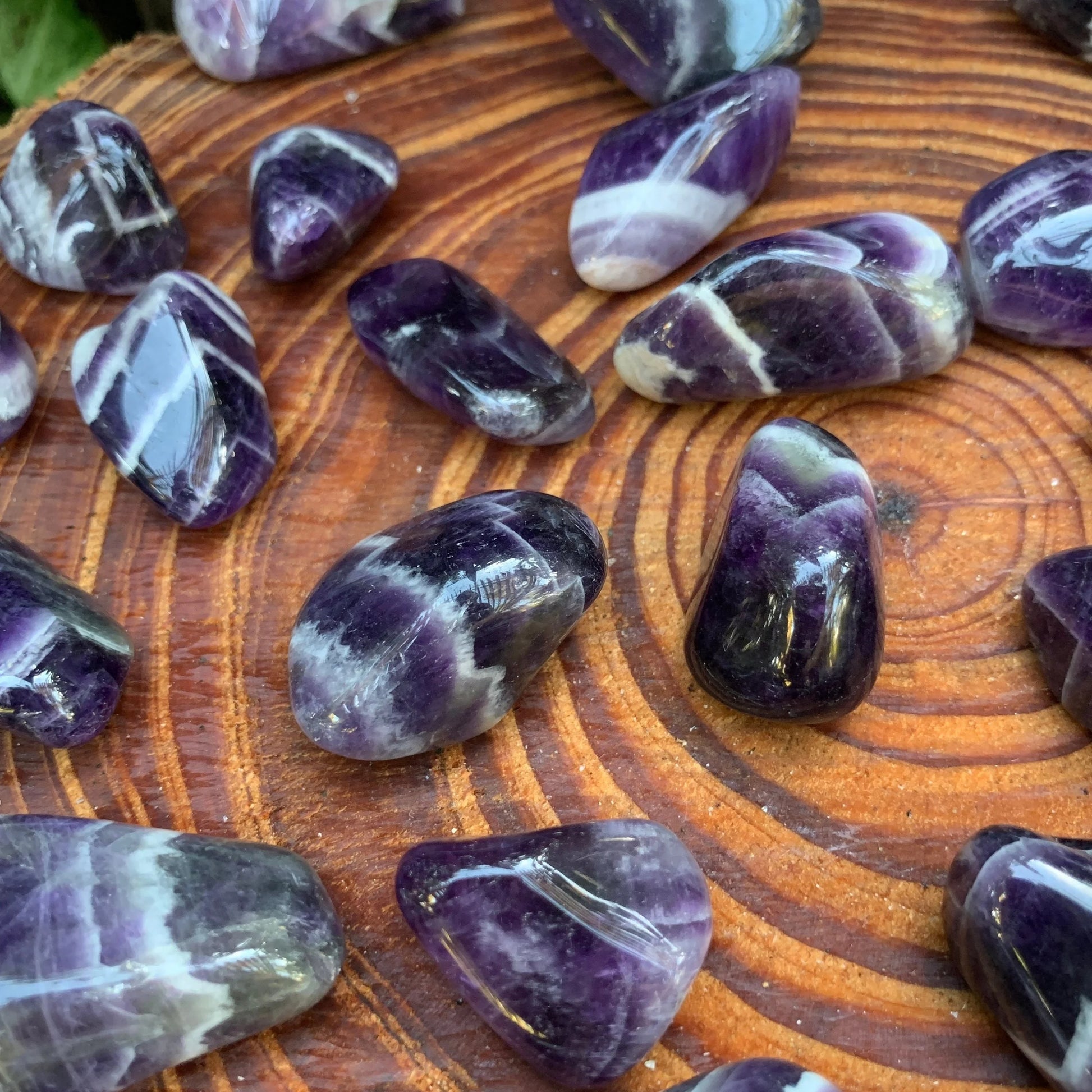 Full profile of Grade AA Chevron Amethyst tumbled stone ready to ship from Beyond Bohemian