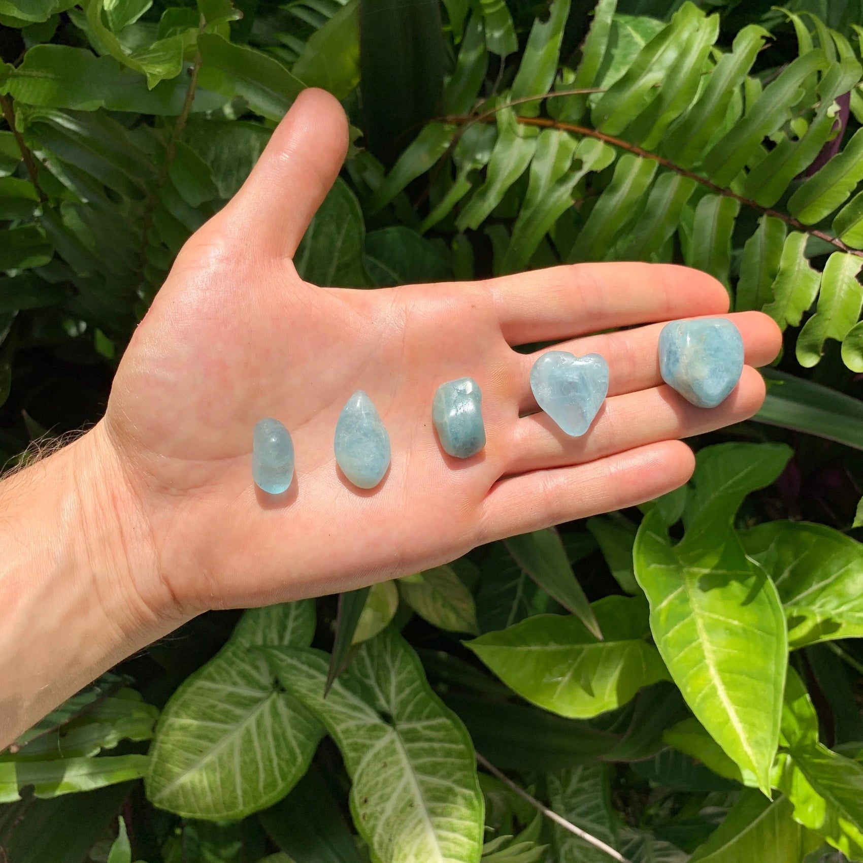 Full profile of Grade AAA Aquamarine tumbled stone ready to ship from Beyond Bohemian