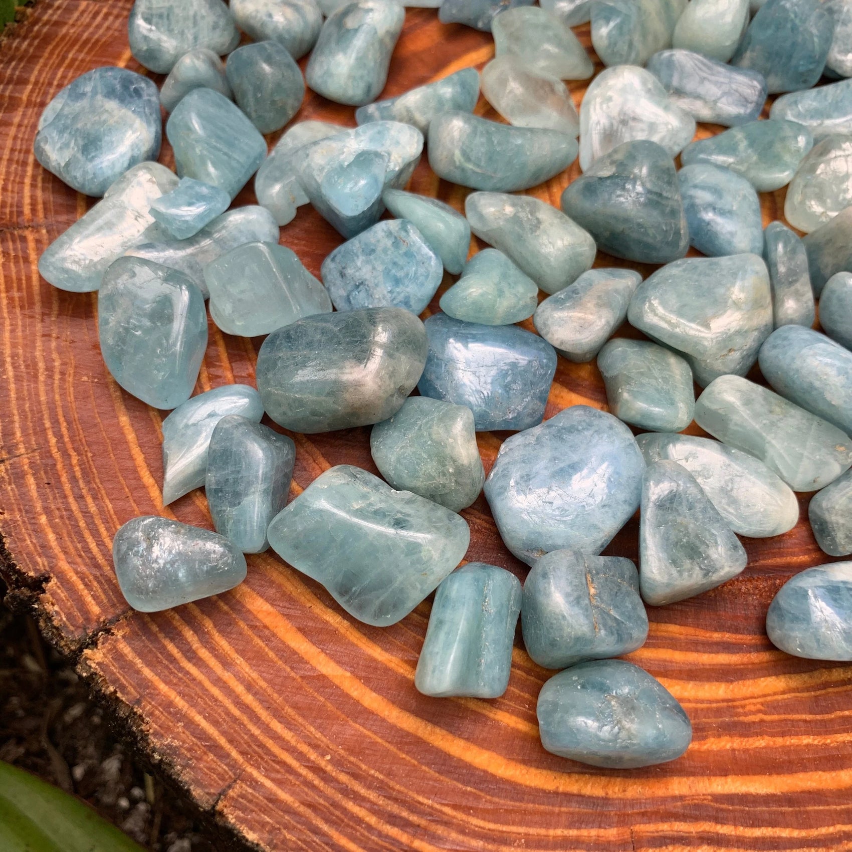 Full profile of Grade AAA Aquamarine tumbled stone ready to ship from Beyond Bohemian