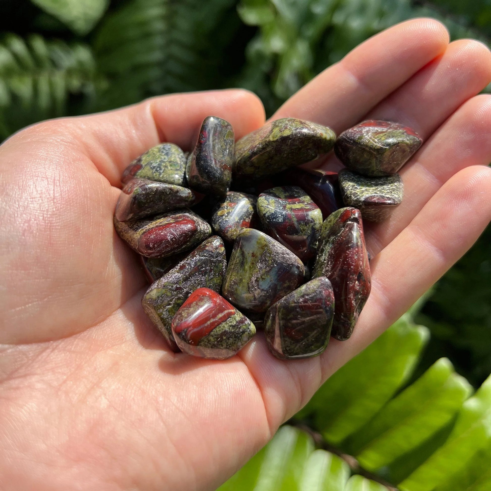 Full profile of Grade AA Dragon Bloodstone tumbled stone ready to ship from Beyond Bohemian