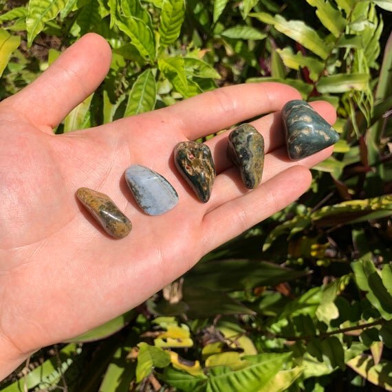 In-hand view of a Ocean Jasper tumbled stone traditionally used for Emotional Healing and Stress Relief.