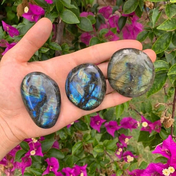 Full profile of Grade AAA Labradorite palm stone ready to ship from Beyond Bohemian