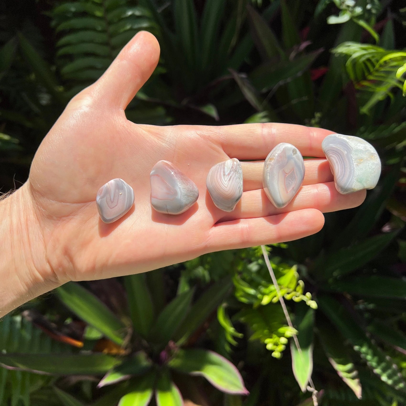 Handheld Pink Agate tumbled stone from Botswana for meditation, Emotional Healing and Stress Relief