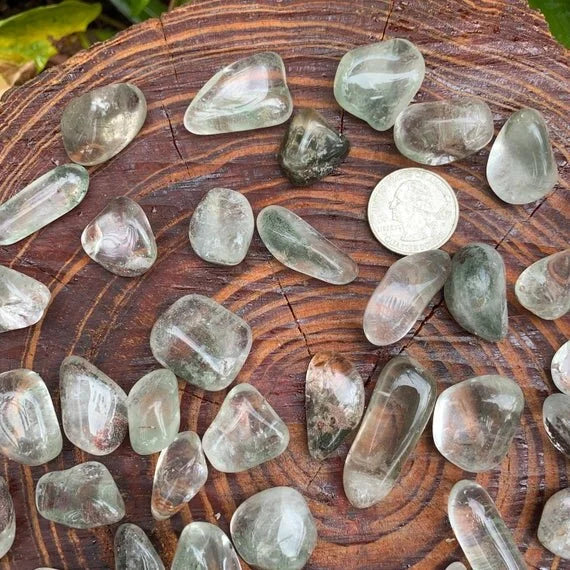 Lodolite tumbled stones, Grade AA, clear quartz with green and earthy garden inclusions, from Brazil