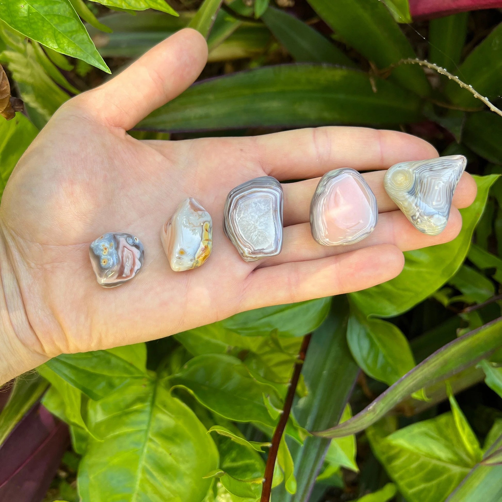 Full profile of Grade AA Pink Agate tumbled stone ready to ship from Beyond Bohemian