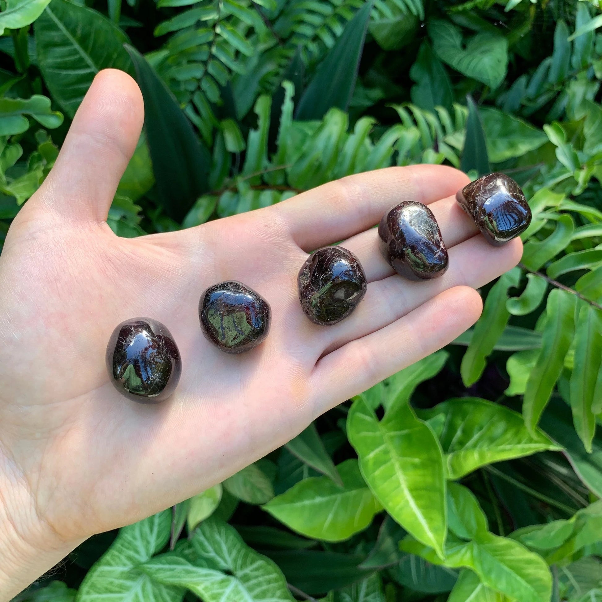 Full profile of Grade AA Garnet tumbled stone ready to ship from Beyond Bohemian