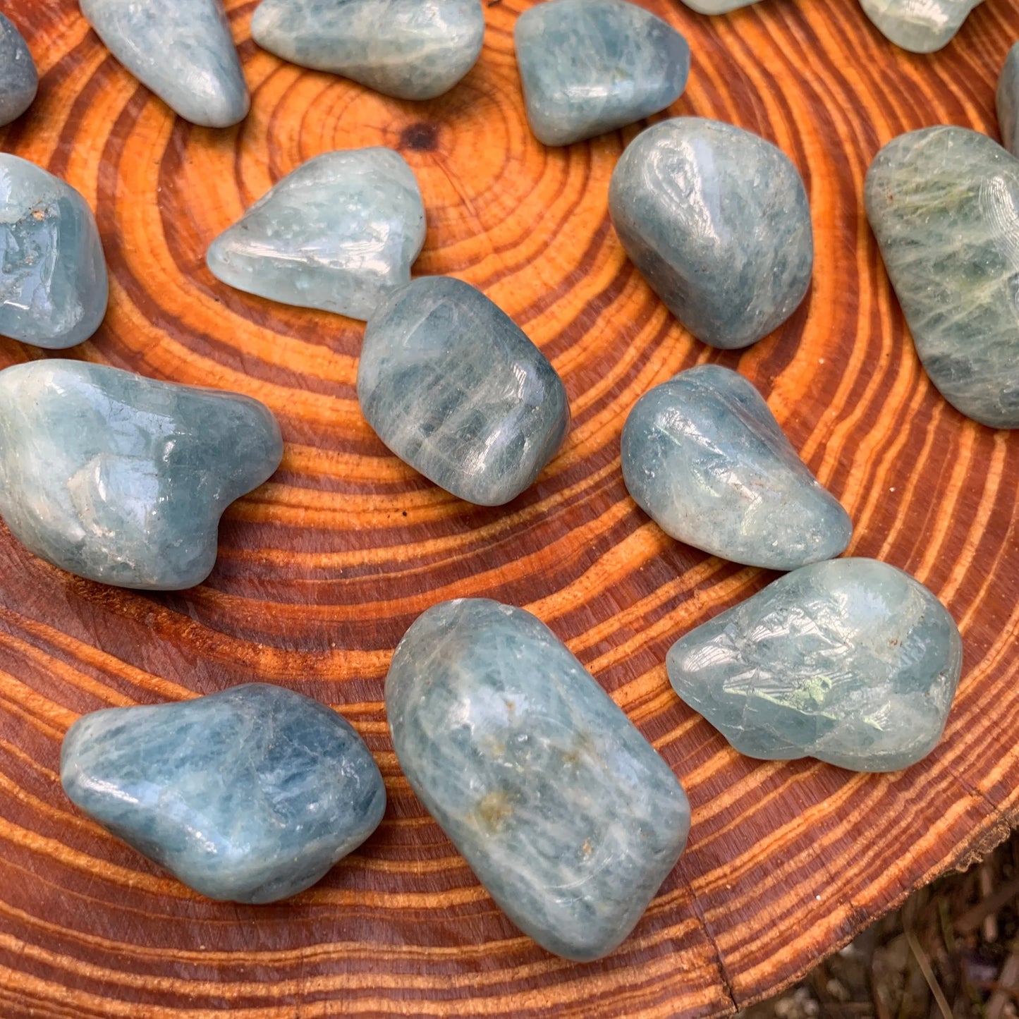 Full profile of Grade AAA Aquamarine tumbled stone ready to ship from Beyond Bohemian