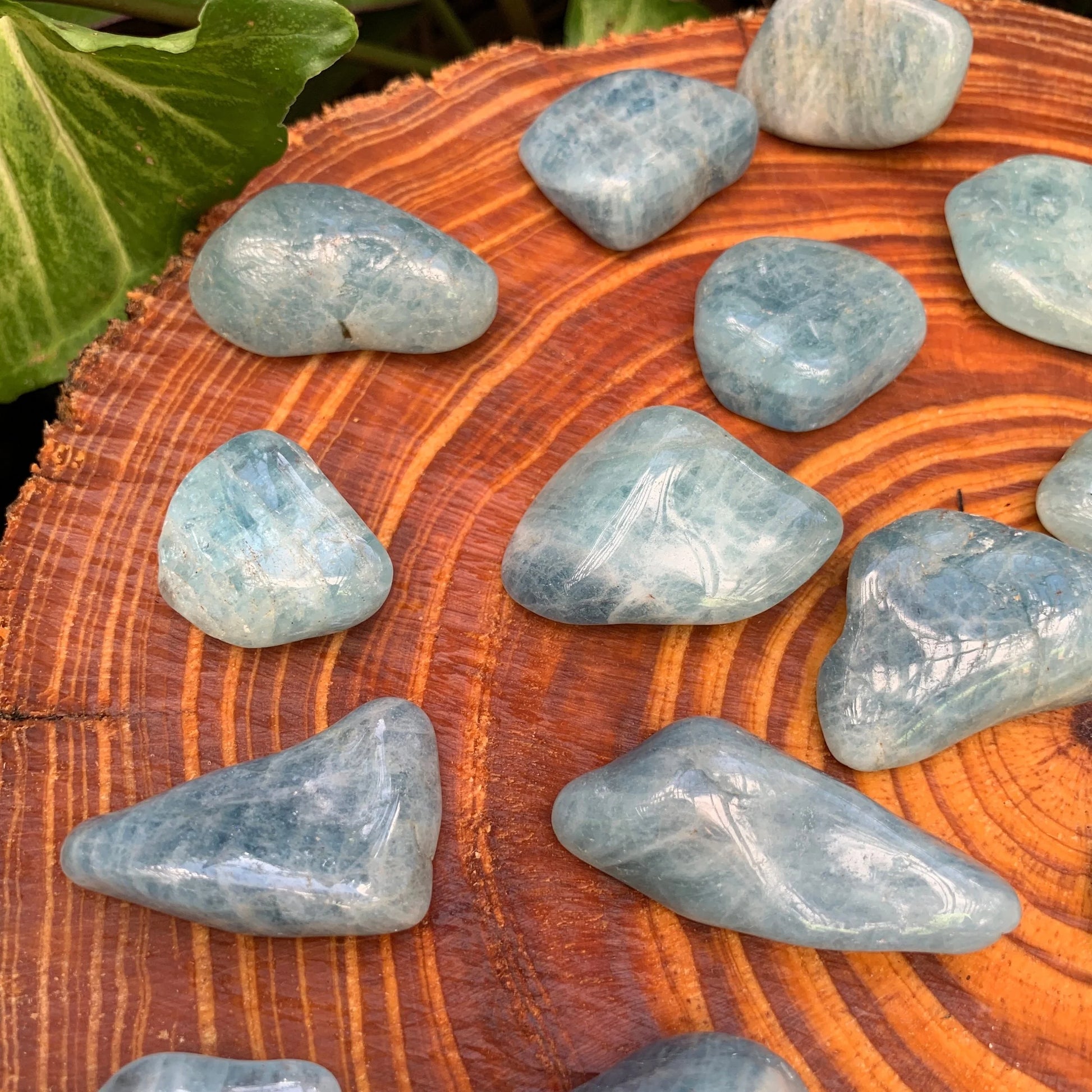 Full profile of Grade AAA Aquamarine tumbled stone ready to ship from Beyond Bohemian