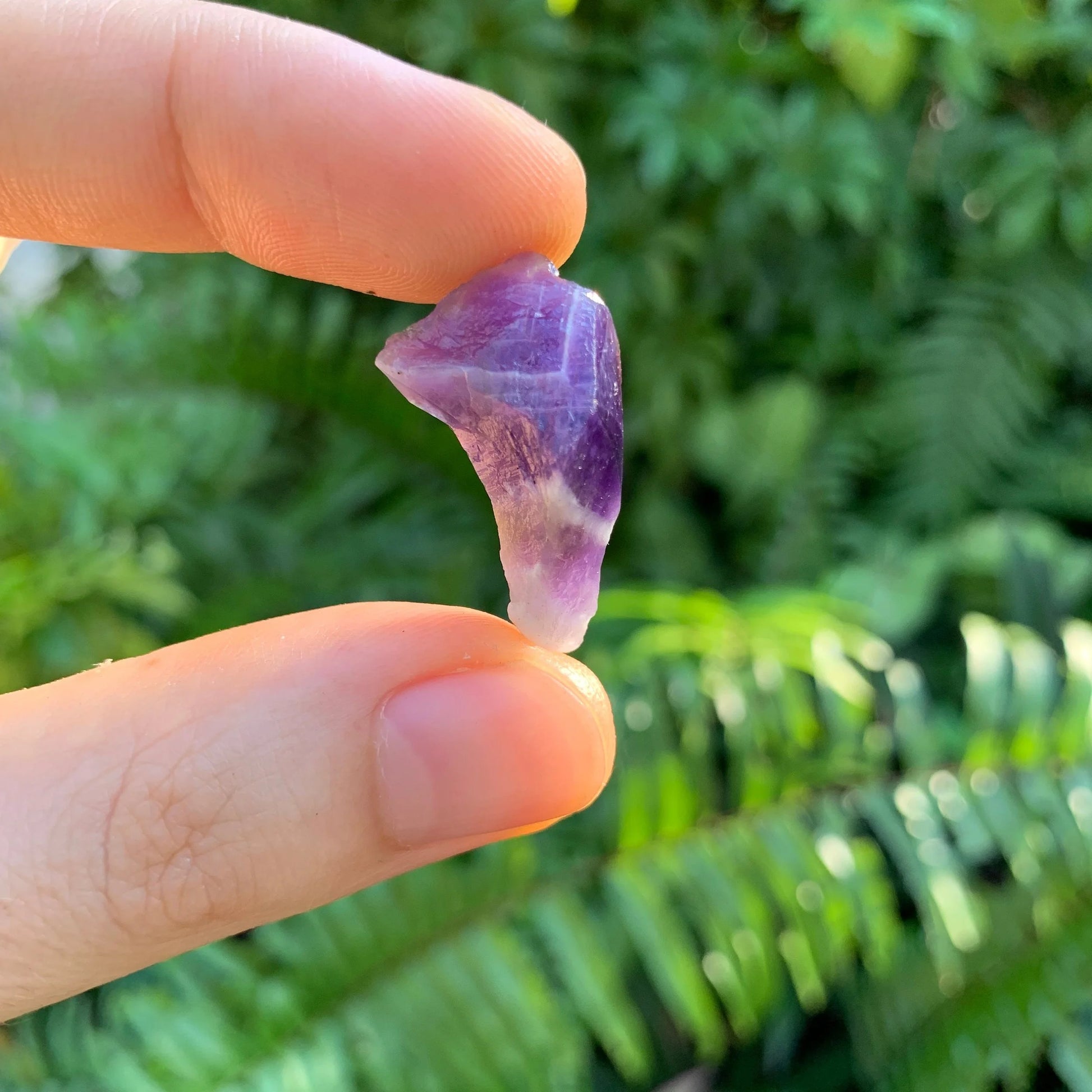 Rear view of Chevron Amethyst raw stone, showing natural texture, sourced from Southern Province, Zambia.