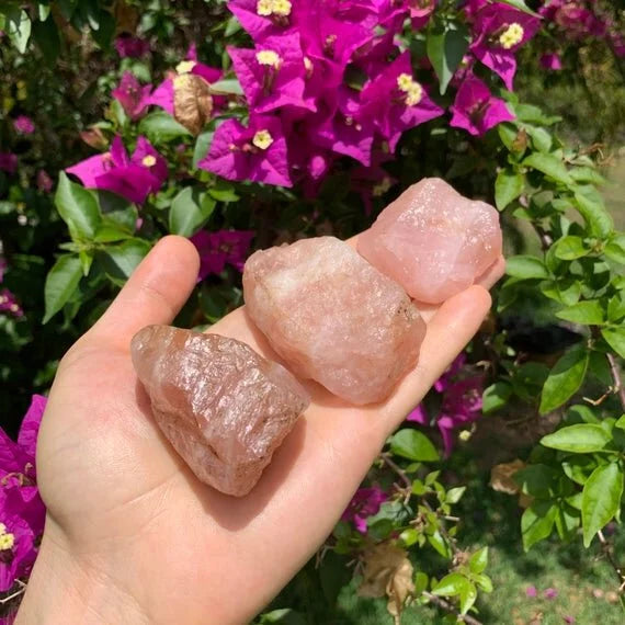 Up-close view of Rose Quartz raw stone, hand-selected from South Dakota, United States, linked to Love.