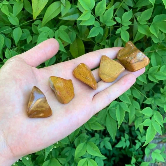 In-hand view of a Yellow Jasper tumbled stone, from Madagascar.
