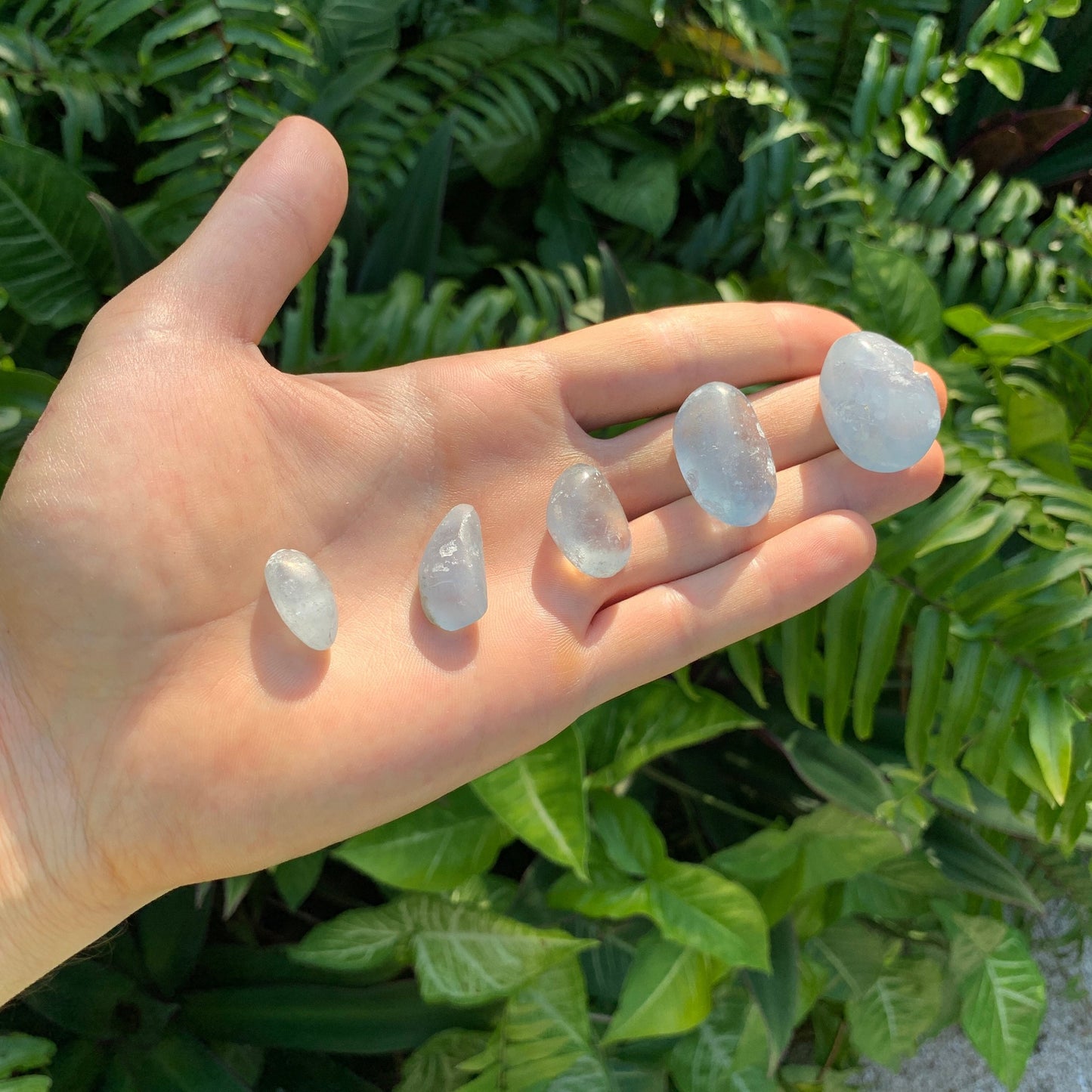 Full profile of Grade AA Celestite tumbled stone ready to ship from Beyond Bohemian