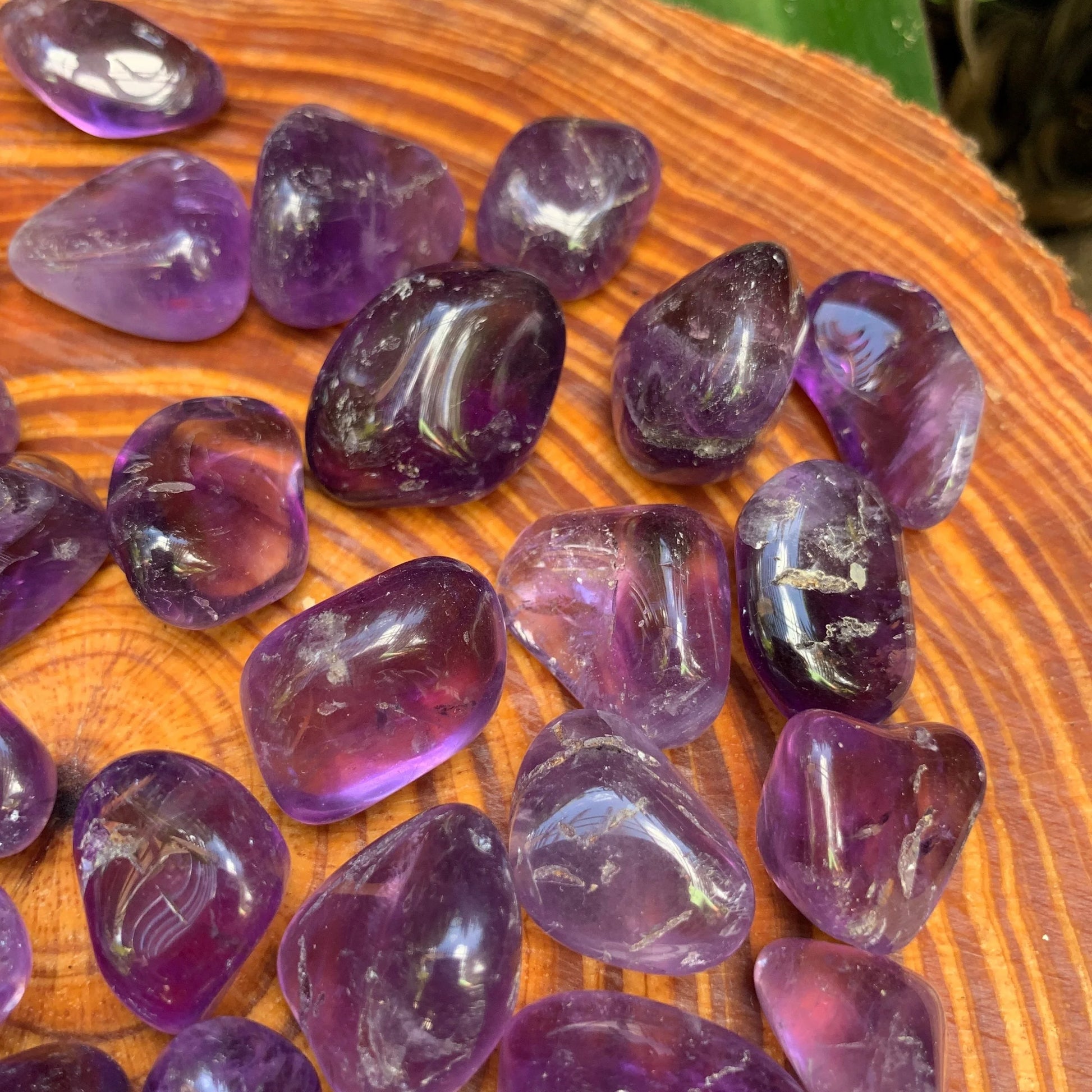 Full profile of Grade AAA Amethyst tumbled stone ready to ship from Beyond Bohemian