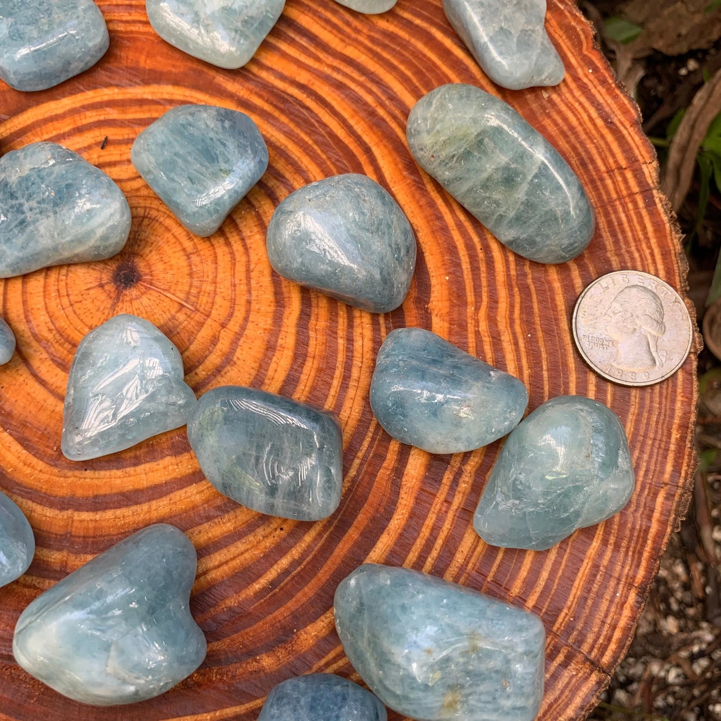 Full profile of Grade AAA Aquamarine tumbled stone ready to ship from Beyond Bohemian