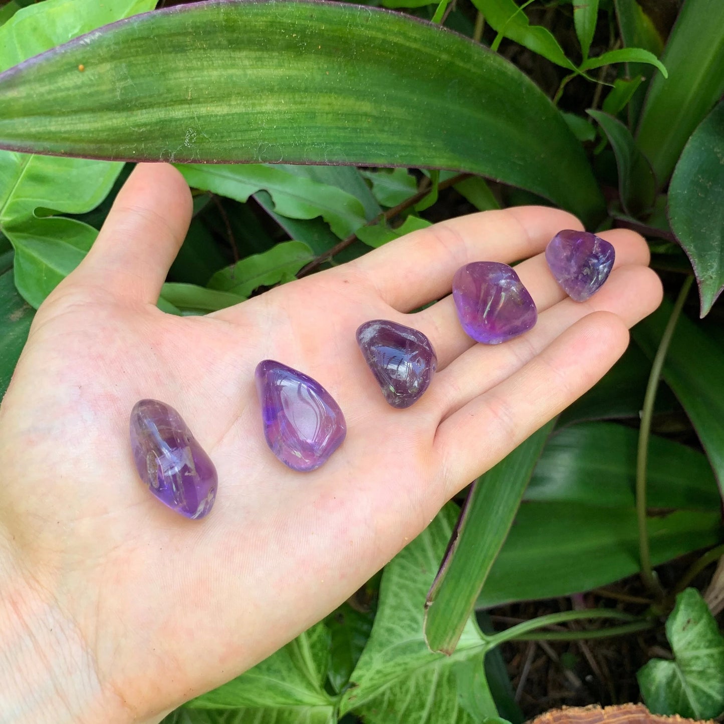 Full profile of Grade AAA Amethyst tumbled stone ready to ship from Beyond Bohemian