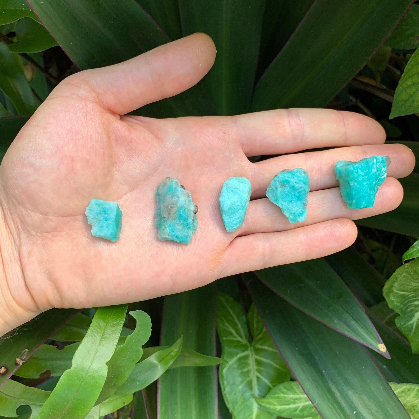 Profile shot of Amazonite raw stone, showing honest grain.