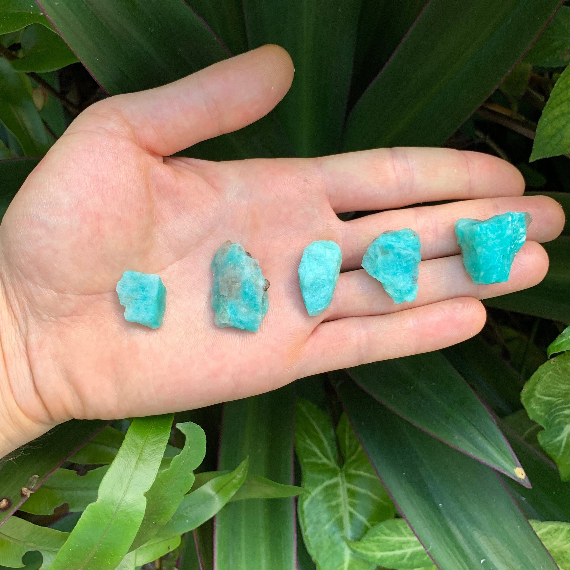 Profile shot of Amazonite raw stone, showing honest grain.