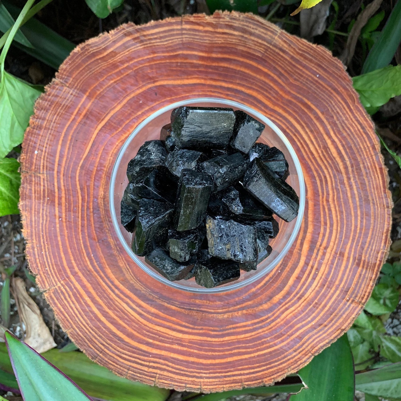 Top-side view of Black Tourmaline raw stone, showing untreated character, sourced from Madagascar.