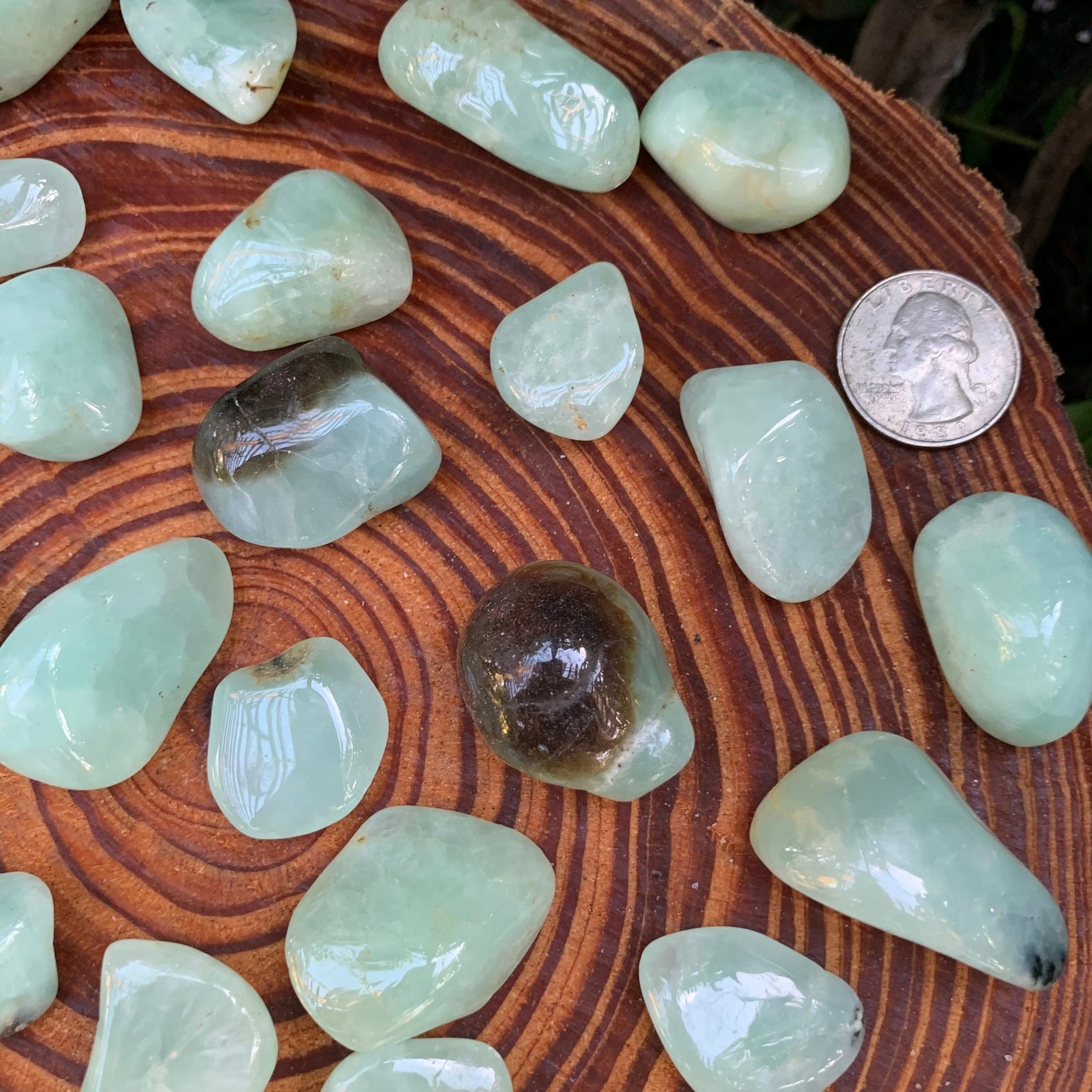 Prehnite tumbled stone from Namibia with Green, Yellow color, polished finish for mindful calm