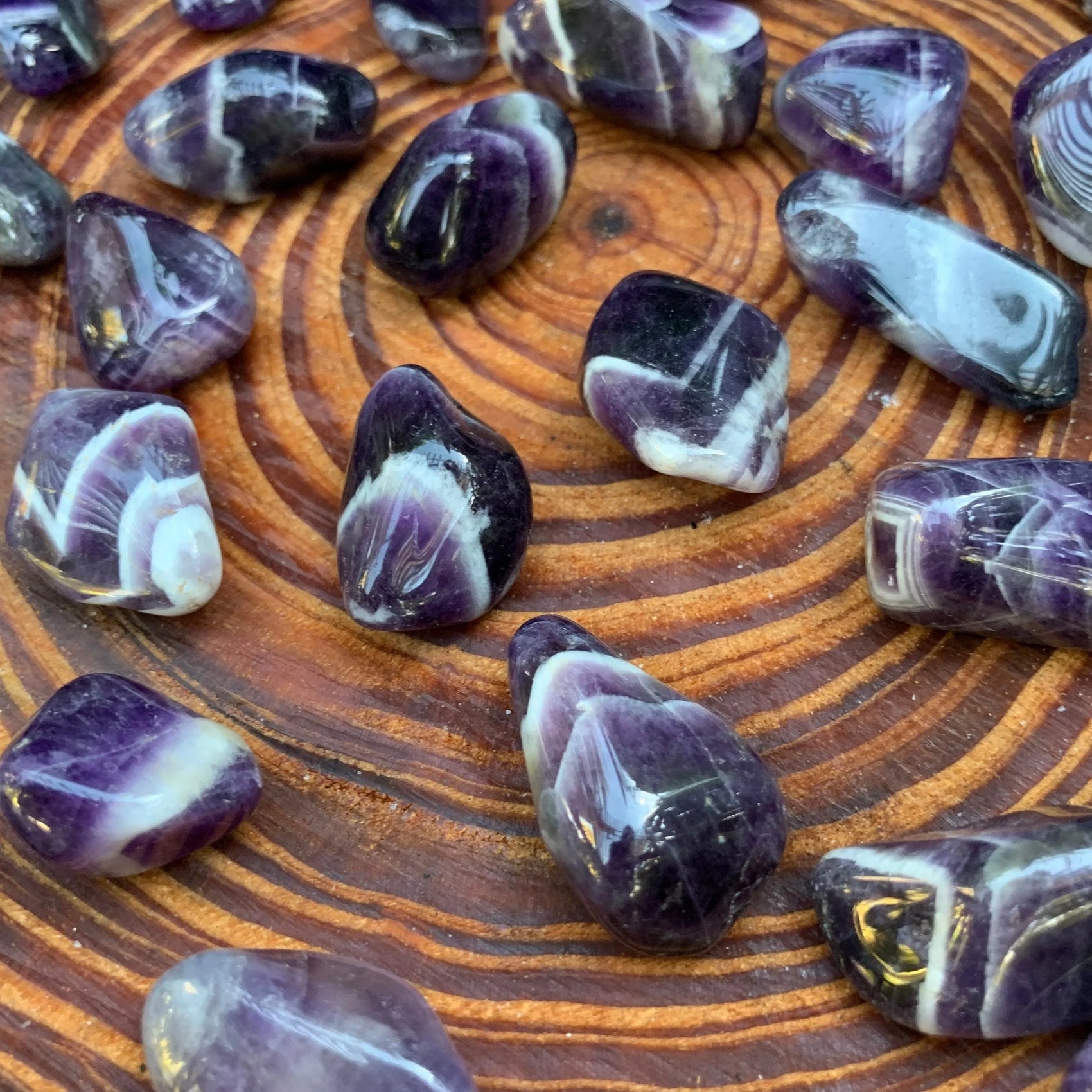 Full profile of Grade AA Chevron Amethyst tumbled stone ready to ship from Beyond Bohemian