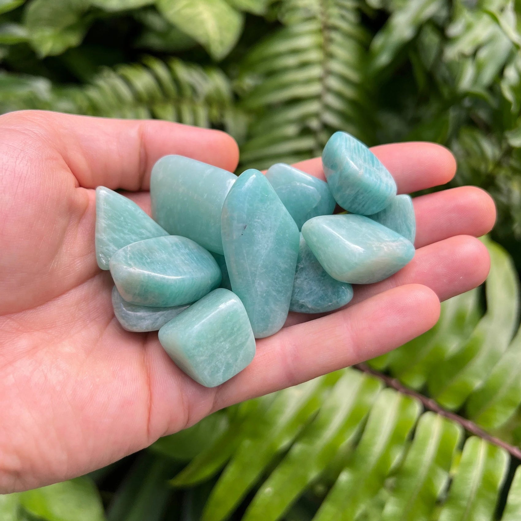 Full profile of Grade AA Amazonite tumbled stone ready to ship from Beyond Bohemian