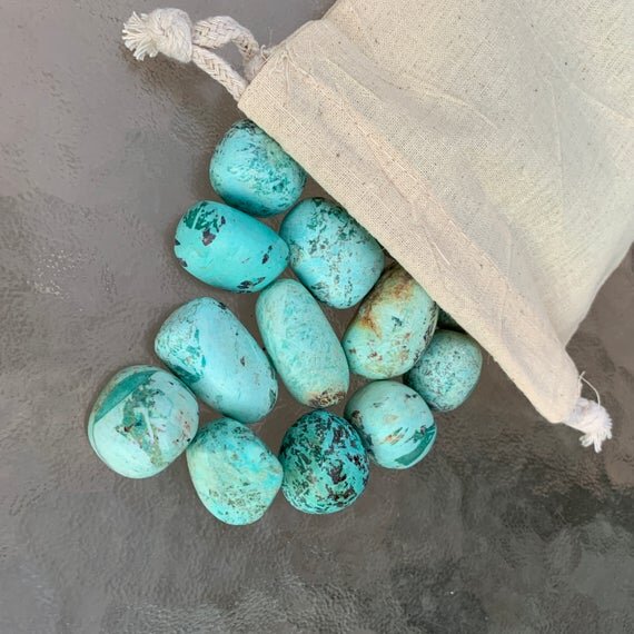 Full profile of Grade A Chrysocolla tumbled stone ready to ship from Beyond Bohemian